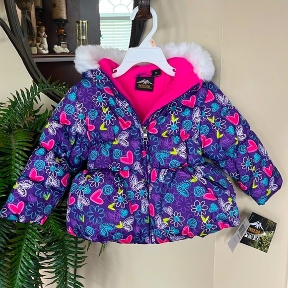 Brand New Pacific Trail Purple Graffiti Hooded Puffer Zip Up Coat Winter Jacket - Picture 2 of 16